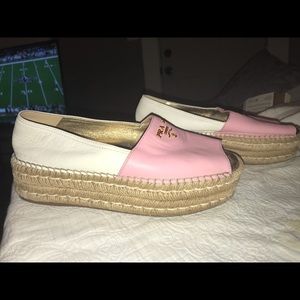 prada glacé calf leather espadrilles pink & white